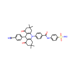 CC1(C)CC(=O)C2=C(C1)N(c1ccc(C(=O)Nc3ccc(S(N)(=O)=O)cc3)cc1)C1=C(C(=O)CC(C)(C)C1)C2c1ccc(C#N)cc1 ZINC000096910933
