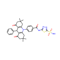 CC1(C)CC(=O)C2=C(C1)N(c1ccc(C(=O)Nc3nnc(S(N)(=O)=O)s3)cc1)C1=C(C(=O)CC(C)(C)C1)C2c1ccccc1 ZINC000653861607