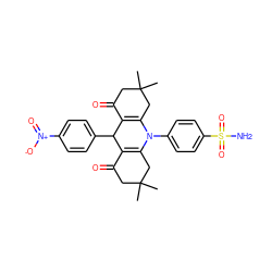 CC1(C)CC(=O)C2=C(C1)N(c1ccc(S(N)(=O)=O)cc1)C1=C(C(=O)CC(C)(C)C1)C2c1ccc([N+](=O)[O-])cc1 ZINC000473116660