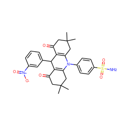 CC1(C)CC(=O)C2=C(C1)N(c1ccc(S(N)(=O)=O)cc1)C1=C(C(=O)CC(C)(C)C1)C2c1cccc([N+](=O)[O-])c1 ZINC000473112690