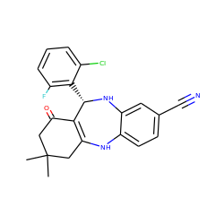 CC1(C)CC(=O)C2=C(C1)Nc1ccc(C#N)cc1N[C@H]2c1c(F)cccc1Cl ZINC000043019056