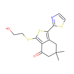 CC1(C)CC(=O)c2c(SCCO)sc(-c3nccs3)c2C1 ZINC000001553345