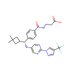 CC1(C)CC([C@@H](Nc2cnc(-n3cc(C(F)(F)F)cn3)nc2)c2ccc(C(=O)NCCC(=O)O)cc2)C1 ZINC000145369780