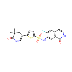 CC1(C)CC(c2ccc(S(=O)(=O)Nc3cc4c(=O)[nH]ccc4cc3F)s2)=CNC1=O ZINC001772615683