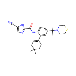 CC1(C)CC=C(c2cc(C(C)(C)N3CCSCC3)ccc2NC(=O)c2ncc(C#N)[nH]2)CC1 ZINC000146899108