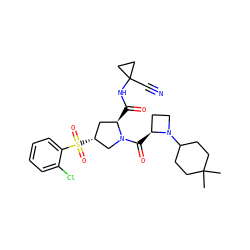 CC1(C)CCC(N2CC[C@@H]2C(=O)N2C[C@H](S(=O)(=O)c3ccccc3Cl)C[C@H]2C(=O)NC2(C#N)CC2)CC1 ZINC000169705288