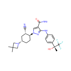 CC1(C)CN([C@H]2CC[C@H](n3cc(C(N)=O)c(Nc4ccc([C@@](C)(O)C(F)(F)F)cc4)n3)[C@@H](C#N)C2)C1 ZINC000221865354