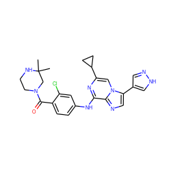 CC1(C)CN(C(=O)c2ccc(Nc3nc(C4CC4)cn4c(-c5cn[nH]c5)cnc34)cc2Cl)CCN1 ZINC000072123198