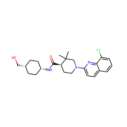 CC1(C)CN(c2ccc3cccc(Cl)c3n2)CC[C@H]1C(=O)N[C@H]1CC[C@@H](CO)CC1 ZINC001772588686