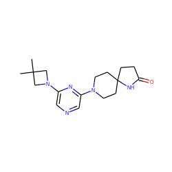 CC1(C)CN(c2cncc(N3CCC4(CCC(=O)N4)CC3)n2)C1 ZINC001772625824