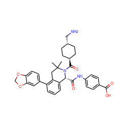 CC1(C)Cc2c(-c3ccc4c(c3)OCO4)cccc2[C@@H](C(=O)Nc2ccc(C(=O)O)cc2)N1C(=O)[C@H]1CC[C@H](CN)CC1 ZINC001772584840