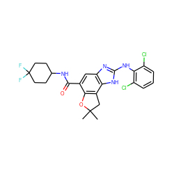 CC1(C)Cc2c(c(C(=O)NC3CCC(F)(F)CC3)cc3nc(Nc4c(Cl)cccc4Cl)[nH]c23)O1 ZINC000139889972