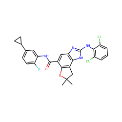 CC1(C)Cc2c(c(C(=O)Nc3cc(C4CC4)ccc3F)cc3nc(Nc4c(Cl)cccc4Cl)[nH]c23)O1 ZINC000139887507