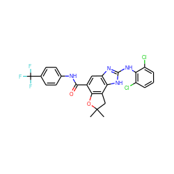 CC1(C)Cc2c(c(C(=O)Nc3ccc(C(F)(F)F)cc3)cc3nc(Nc4c(Cl)cccc4Cl)[nH]c23)O1 ZINC000140043852