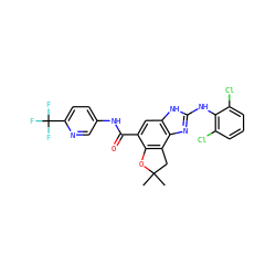 CC1(C)Cc2c(c(C(=O)Nc3ccc(C(F)(F)F)nc3)cc3[nH]c(Nc4c(Cl)cccc4Cl)nc23)O1 ZINC000203721749