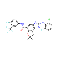 CC1(C)Cc2c(c(C(=O)Nc3ccc(F)c(C(F)(F)F)c3)cc3nc(Nc4c(F)cccc4Cl)[nH]c23)O1 ZINC000139660917