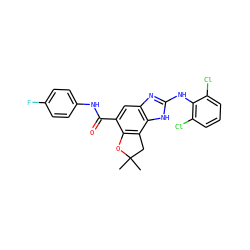 CC1(C)Cc2c(c(C(=O)Nc3ccc(F)cc3)cc3nc(Nc4c(Cl)cccc4Cl)[nH]c23)O1 ZINC000140200784