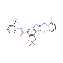 CC1(C)Cc2c(c(C(=O)Nc3ccccc3C(F)(F)F)cc3nc(Nc4c(Cl)cccc4Cl)[nH]c23)O1 ZINC000139809611