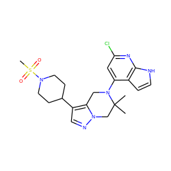 CC1(C)Cn2ncc(C3CCN(S(C)(=O)=O)CC3)c2CN1c1cc(Cl)nc2[nH]ccc12 ZINC000299822834