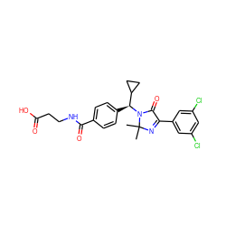 CC1(C)N=C(c2cc(Cl)cc(Cl)c2)C(=O)N1[C@@H](c1ccc(C(=O)NCCC(=O)O)cc1)C1CC1 ZINC000142730706