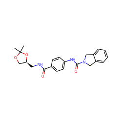 CC1(C)OC[C@H](CNC(=O)c2ccc(NC(=O)N3Cc4ccccc4C3)cc2)O1 ZINC000166099371