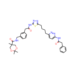 CC1(C)OCC(C)(C(=O)NCc2cccc(CC(=O)Nc3nnc(CCCCc4ccc(NC(=O)Cc5ccccc5)nn4)s3)c2)CO1 ZINC000169698516