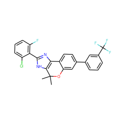 CC1(C)Oc2cc(-c3cccc(C(F)(F)F)c3)ccc2-c2nc(-c3c(F)cccc3Cl)[nH]c21 ZINC001772625950