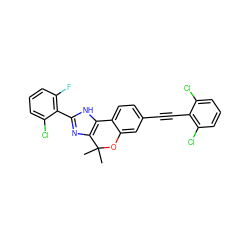 CC1(C)Oc2cc(C#Cc3c(Cl)cccc3Cl)ccc2-c2[nH]c(-c3c(F)cccc3Cl)nc21 ZINC000147878919