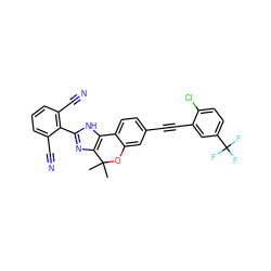 CC1(C)Oc2cc(C#Cc3cc(C(F)(F)F)ccc3Cl)ccc2-c2[nH]c(-c3c(C#N)cccc3C#N)nc21 ZINC000147866534