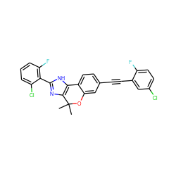 CC1(C)Oc2cc(C#Cc3cc(Cl)ccc3F)ccc2-c2[nH]c(-c3c(F)cccc3Cl)nc21 ZINC000147819695