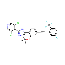 CC1(C)Oc2cc(C#Cc3cc(F)ccc3C(F)(F)F)ccc2-c2[nH]c(-c3c(Cl)cncc3Cl)nc21 ZINC000147821630