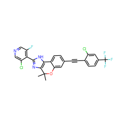 CC1(C)Oc2cc(C#Cc3ccc(C(F)(F)F)cc3Cl)ccc2-c2[nH]c(-c3c(F)cncc3Cl)nc21 ZINC001772576559