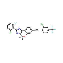 CC1(C)Oc2cc(C#Cc3ccc(C(F)(F)F)cc3Cl)ccc2-c2nc(-c3c(F)cccc3Cl)[nH]c21 ZINC000201602642