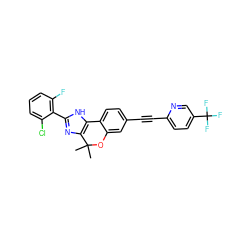 CC1(C)Oc2cc(C#Cc3ccc(C(F)(F)F)cn3)ccc2-c2[nH]c(-c3c(F)cccc3Cl)nc21 ZINC000147752482