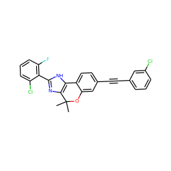 CC1(C)Oc2cc(C#Cc3cccc(Cl)c3)ccc2-c2[nH]c(-c3c(F)cccc3Cl)nc21 ZINC000147663951