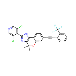 CC1(C)Oc2cc(C#Cc3ccccc3C(F)(F)F)ccc2-c2[nH]c(-c3c(Cl)cncc3Cl)nc21 ZINC000147707154