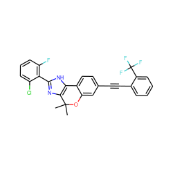 CC1(C)Oc2cc(C#Cc3ccccc3C(F)(F)F)ccc2-c2[nH]c(-c3c(F)cccc3Cl)nc21 ZINC000147895766