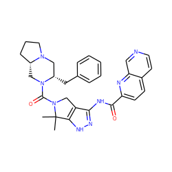 CC1(C)c2[nH]nc(NC(=O)c3ccc4ccncc4n3)c2CN1C(=O)N1C[C@@H]2CCCN2C[C@@H]1Cc1ccccc1 ZINC000114180994