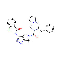 CC1(C)c2[nH]nc(NC(=O)c3ccccc3Cl)c2CN1C(=O)N1C[C@@H]2CCCN2C[C@@H]1Cc1ccccc1 ZINC000114198876