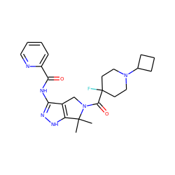 CC1(C)c2[nH]nc(NC(=O)c3ccccn3)c2CN1C(=O)C1(F)CCN(C2CCC2)CC1 ZINC000114181214