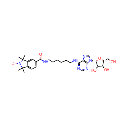 CC1(C)c2ccc(C(=O)NCCCCCCNc3ncnc4c3ncn4[C@@H]3O[C@H](CO)[C@@H](O)[C@H]3O)cc2C(C)(C)N1[O] ZINC000101124385