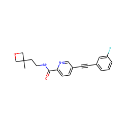 CC1(CCNC(=O)c2ccc(C#Cc3cccc(F)c3)cn2)COC1 ZINC000096933565