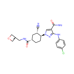 CC1(CNC(=O)[C@H]2CC[C@H](n3cc(C(N)=O)c(Nc4ccc(Cl)cc4)n3)[C@@H](C#N)C2)COC1 ZINC000222983021