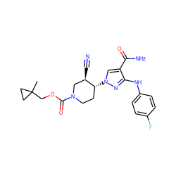 CC1(COC(=O)N2CC[C@@H](n3cc(C(N)=O)c(Nc4ccc(F)cc4)n3)[C@H](C#N)C2)CC1 ZINC000220662673