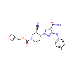 CC1(COC(=O)N2CC[C@@H](n3cc(C(N)=O)c(Nc4ccc(F)cc4)n3)[C@H](C#N)C2)COC1 ZINC000220661460