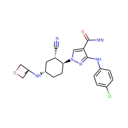 CC1(N[C@H]2CC[C@H](n3cc(C(N)=O)c(Nc4ccc(Cl)cc4)n3)[C@@H](C#N)C2)COC1 ZINC000221858534