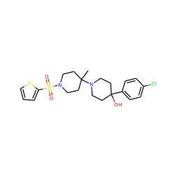 CC1(N2CCC(O)(c3ccc(Cl)cc3)CC2)CCN(S(=O)(=O)c2cccs2)CC1 ZINC000029125371