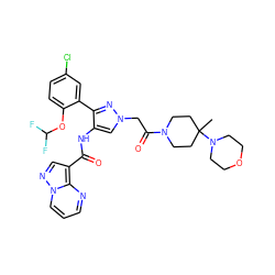 CC1(N2CCOCC2)CCN(C(=O)Cn2cc(NC(=O)c3cnn4cccnc34)c(-c3cc(Cl)ccc3OC(F)F)n2)CC1 ZINC001772624584