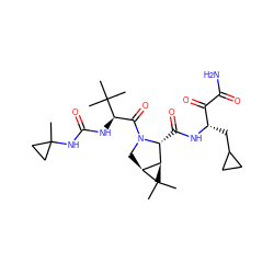 CC1(NC(=O)N[C@H](C(=O)N2C[C@H]3[C@@H]([C@H]2C(=O)N[C@@H](CC2CC2)C(=O)C(N)=O)C3(C)C)C(C)(C)C)CC1 ZINC000014949736