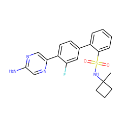 CC1(NS(=O)(=O)c2ccccc2-c2ccc(-c3cnc(N)cn3)c(F)c2)CCC1 ZINC000212175604